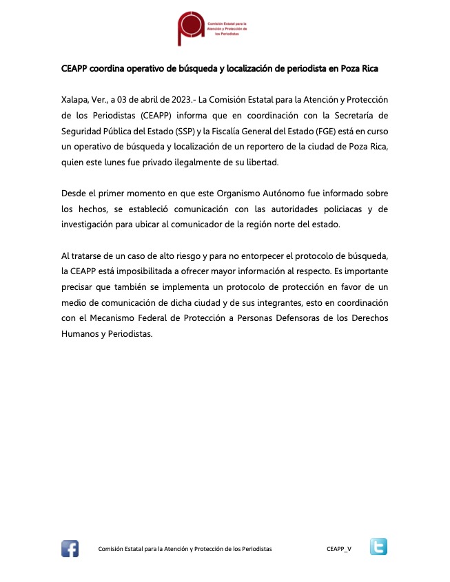 CEAPP coordina operativo de búsqueda y localización de periodista en Poza&nbsp;Rica