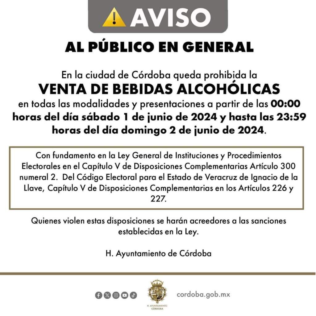 Se ordena la suspensión de venta de bebidas alcohólicas los días 1 y 2 de&nbsp;junio