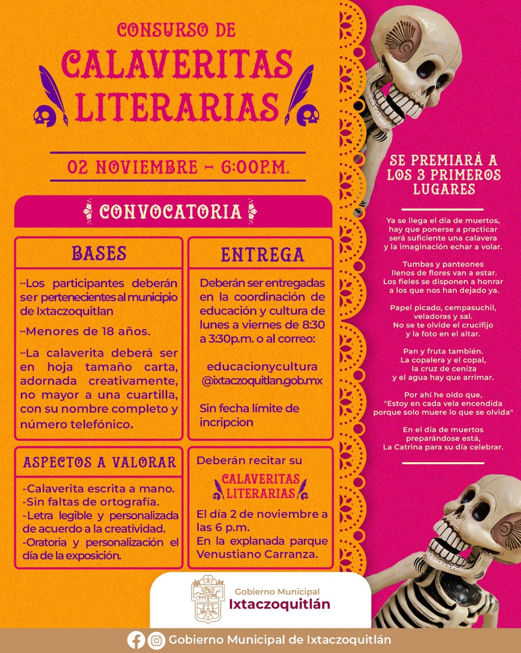 Invita Ayuntamiento de Ixtaczoquitlán a participar en «Calaveritas&nbsp;Literarias»