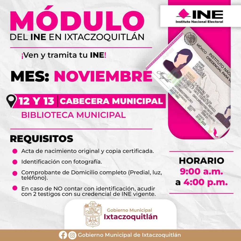 Martes y miércoles módulo del INE en&nbsp;Ixtac