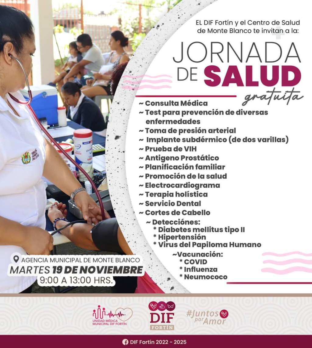 El DIF Municipal de Fortín y el Centro de Salud de Monte Blanco invita a participar en la Jornada de Salud&nbsp;Gratuita