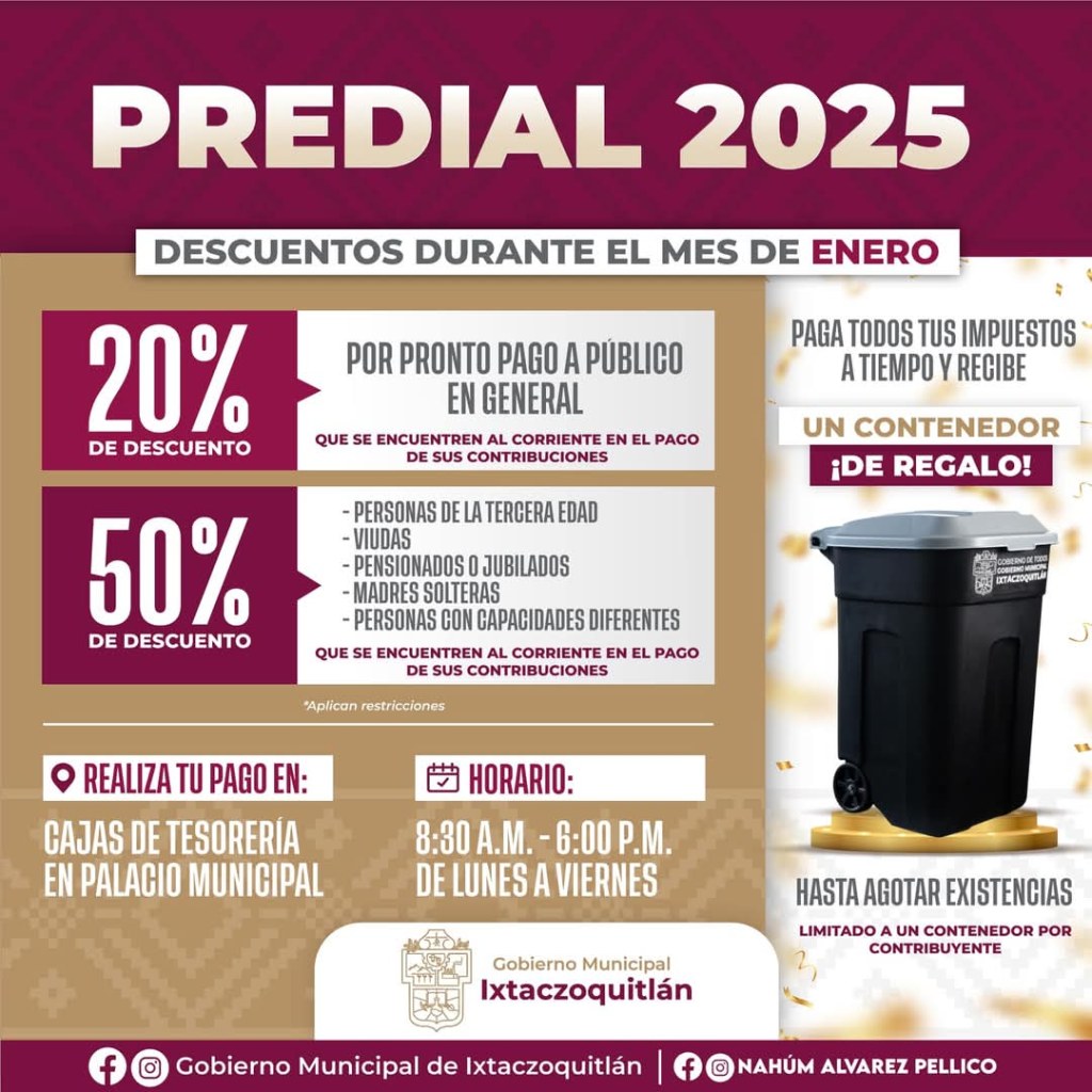EN IXTACZOQUITLÁN, CONTINÚAN CON DESCUENTOS EN PAGO PREDIAL&nbsp;2025